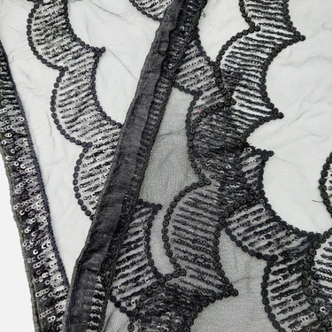 Black Net Scallop Lace Trim with Black Sequins, Sari Border, Embroidered Trim